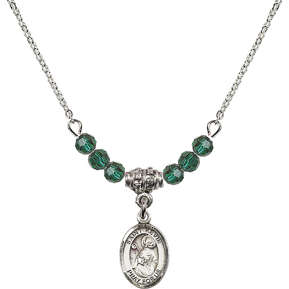 Sterling Silver Saint Kevin Birthstone Necklace with Emerald Beads - 9062