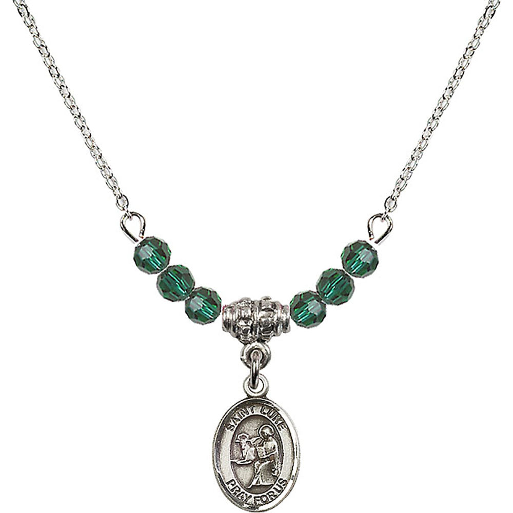 Sterling Silver Saint Luke the Apostle Birthstone Necklace with Emerald Beads - 9068