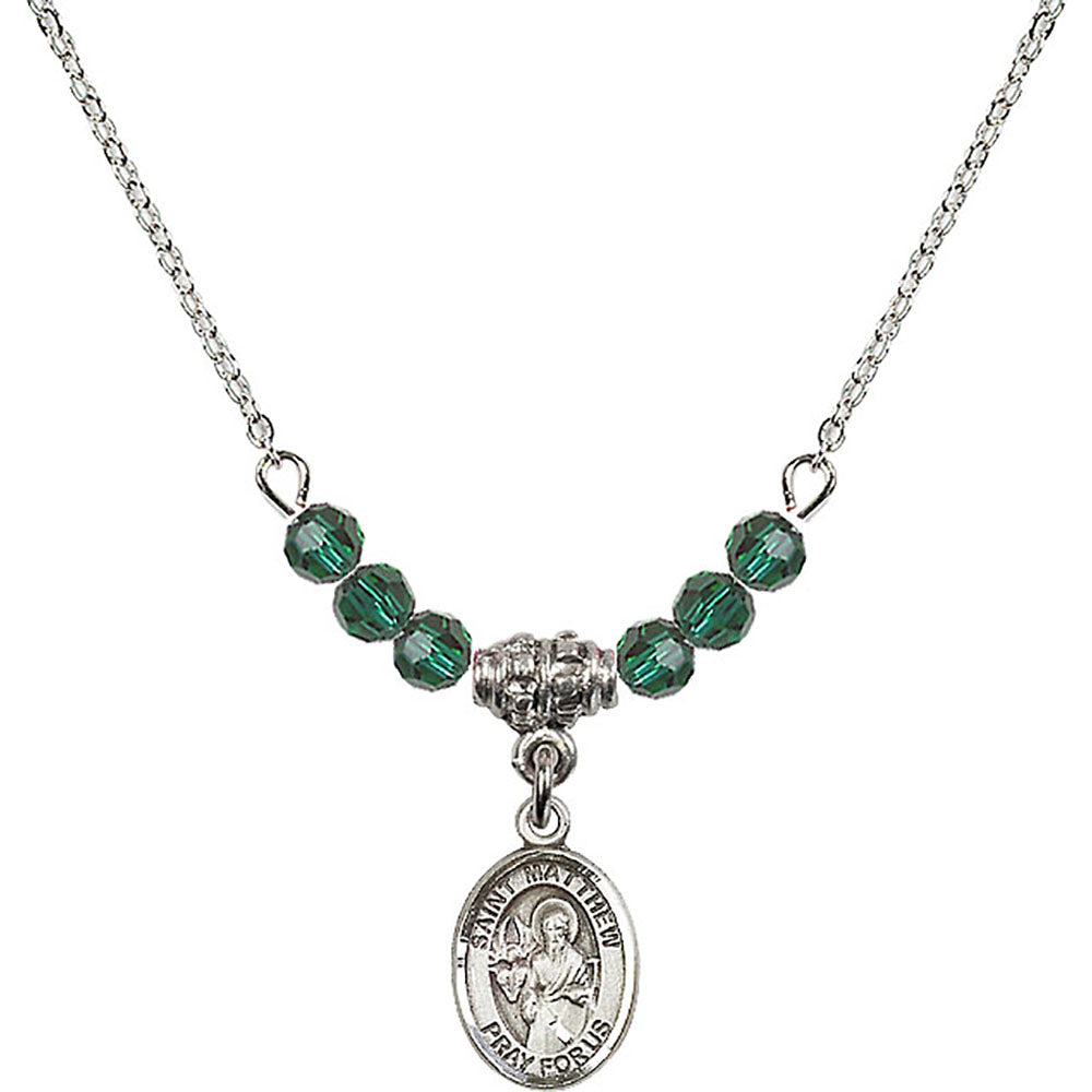 Sterling Silver Saint Matthew the Apostle Birthstone Necklace with Emerald Beads - 9074