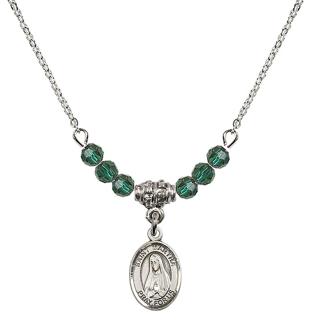 Sterling Silver Saint Martha Birthstone Necklace with Emerald Beads - 9075