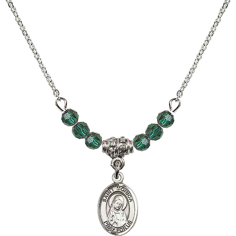 Sterling Silver Saint Monica Birthstone Necklace with Emerald Beads - 9079