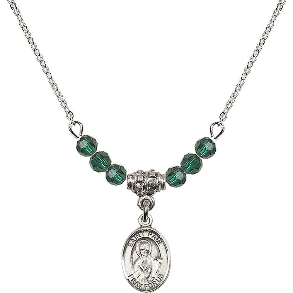Sterling Silver Saint Paul the Apostle Birthstone Necklace with Emerald Beads - 9086