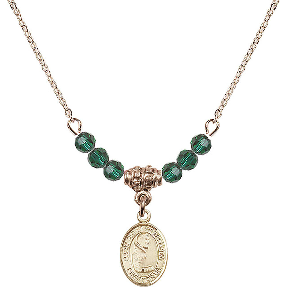 14kt Gold Filled Saint Pio of Pietrelcina Birthstone Necklace with Emerald Beads - 9125