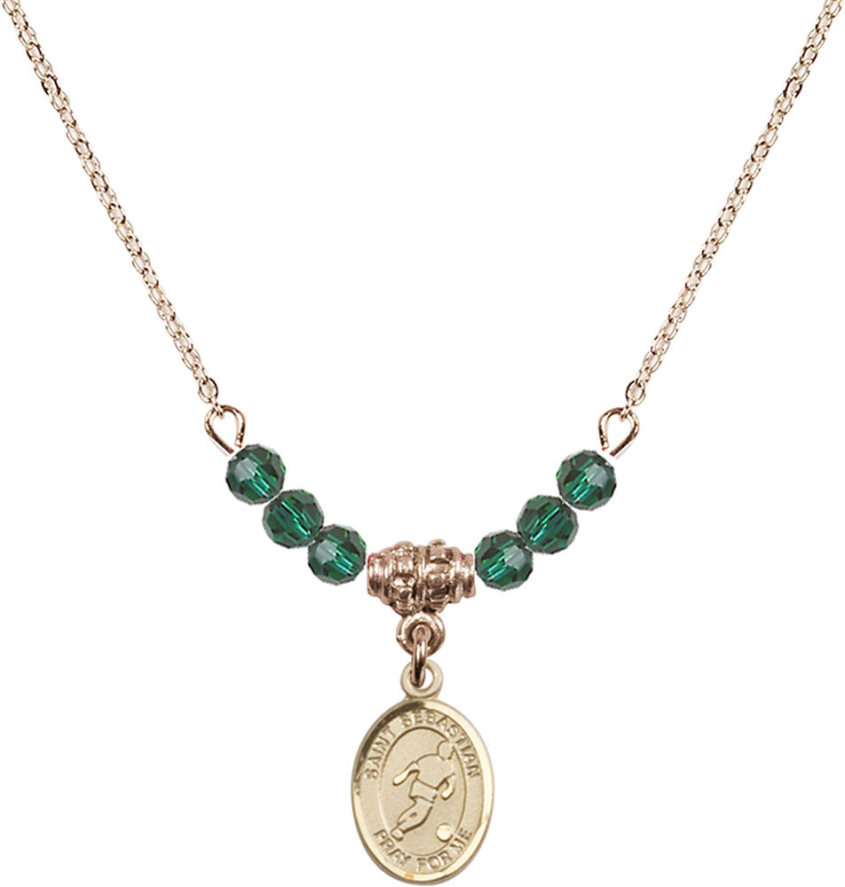 14kt Gold Filled Saint Sebastian/Soccer Birthstone Necklace with Emerald Beads - 9164
