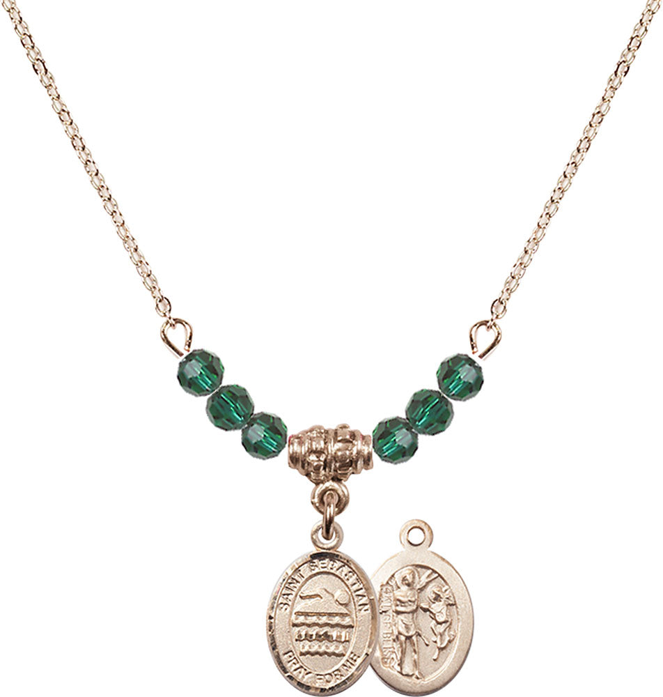 14kt Gold Filled Saint Sebastian/Swimming Birthstone Necklace with Emerald Beads - 9167