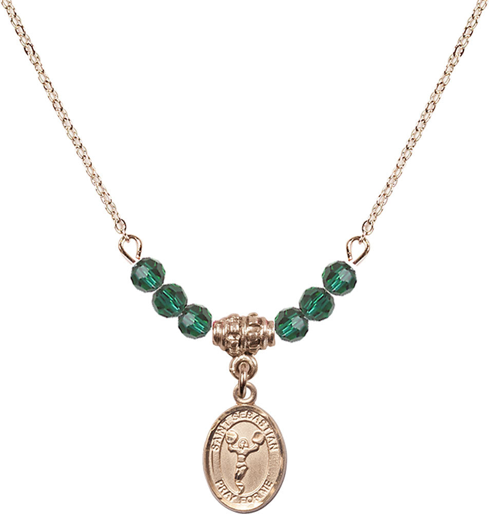 14kt Gold Filled Saint Sebastian/Cheerleading Birthstone Necklace with Emerald Beads - 9170