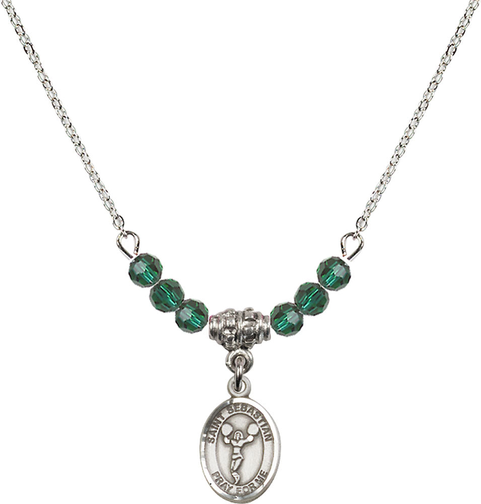Sterling Silver Saint Sebastian/Cheerleading Birthstone Necklace with Emerald Beads - 9170