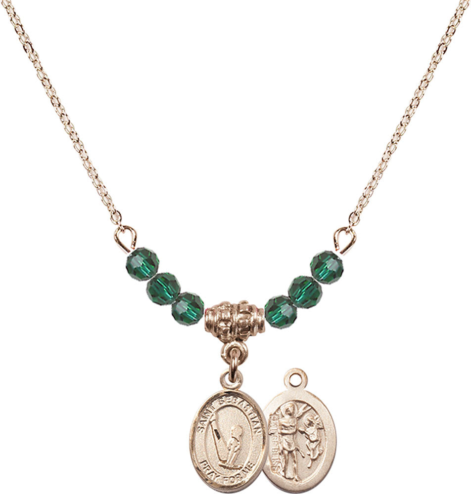 14kt Gold Filled Saint Sebastian/Gymnastics Birthstone Necklace with Emerald Beads - 9172