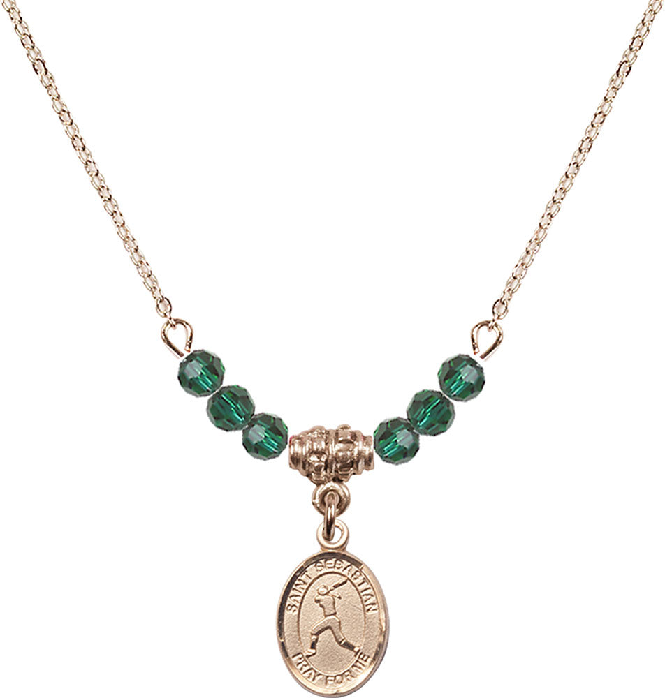 14kt Gold Filled Saint Sebastian/Softball Birthstone Necklace with Emerald Beads - 9183