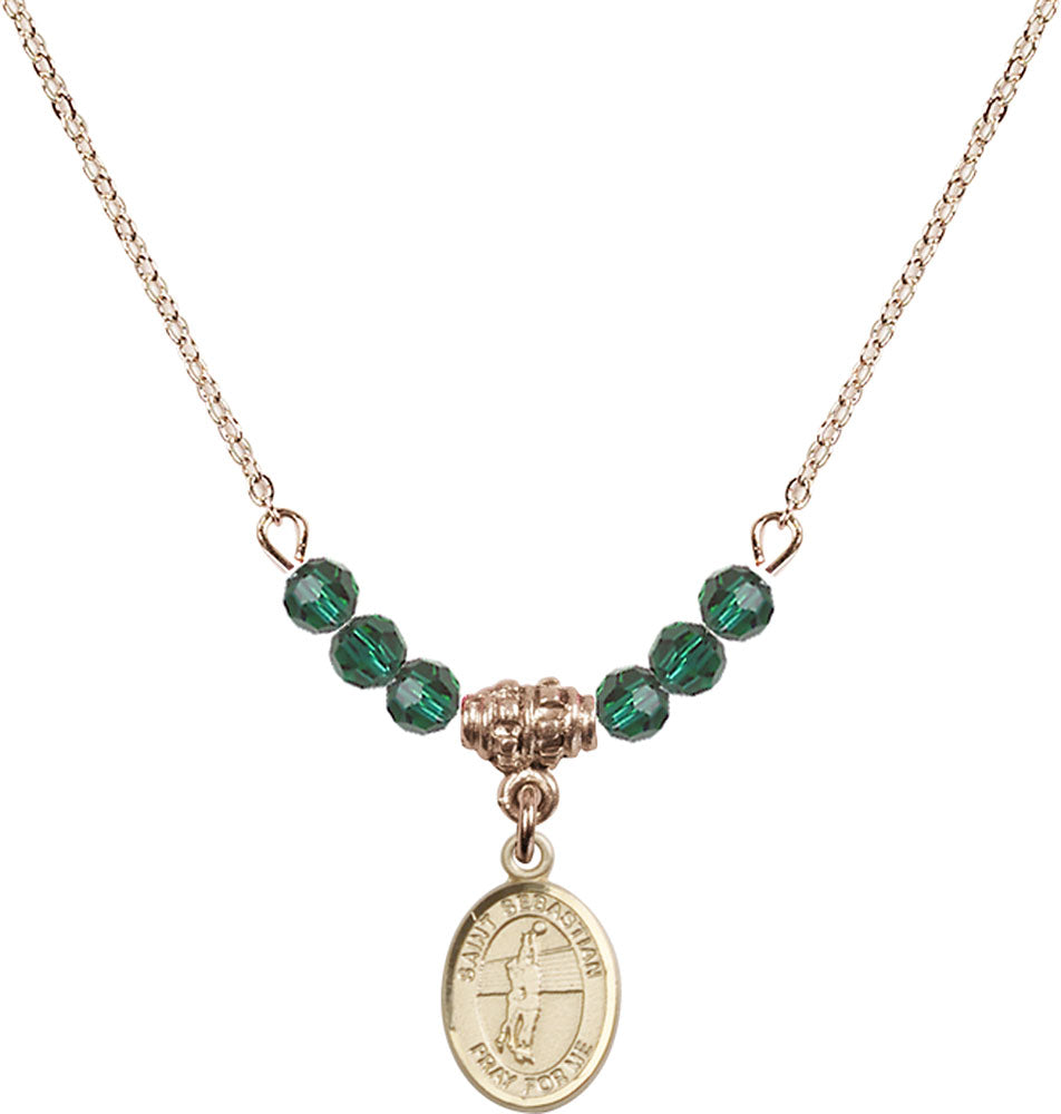 14kt Gold Filled Saint Sebastian / Volleyball Birthstone Necklace with Emerald Beads - 9186