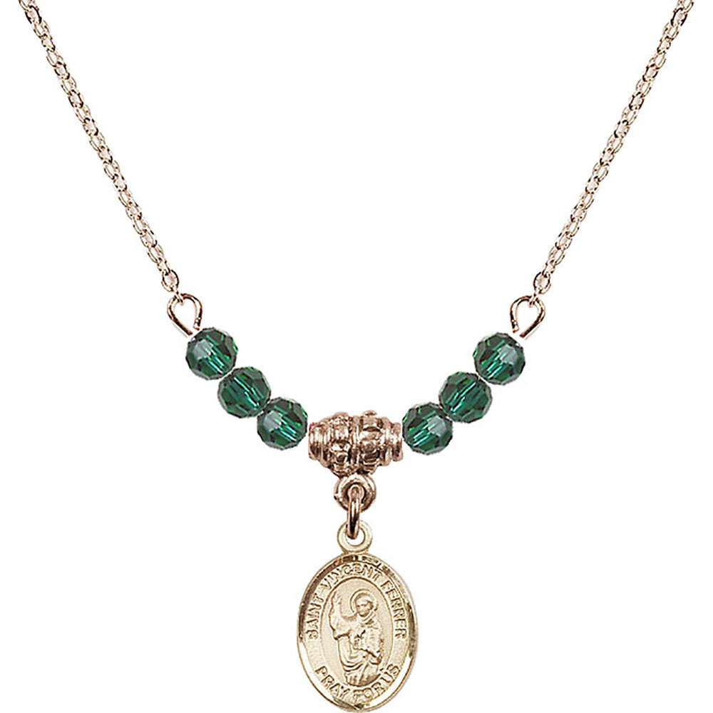 14kt Gold Filled Saint Vincent Ferrer Birthstone Necklace with Emerald Beads - 9201