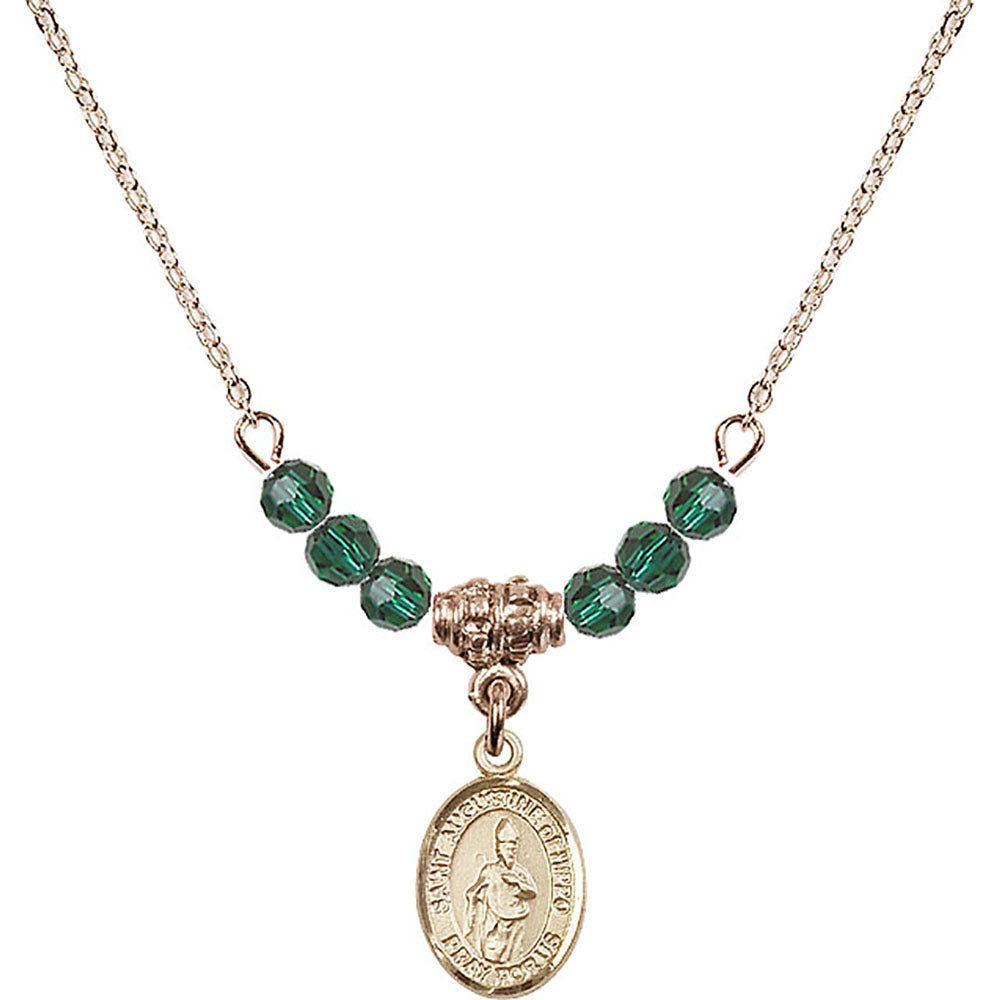 14kt Gold Filled Saint Augustine of Hippo Birthstone Necklace with Emerald Beads - 9202