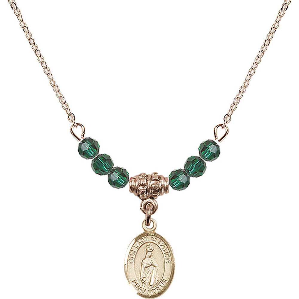 14kt Gold Filled Our Lady of Fatima Birthstone Necklace with Emerald Beads - 9205