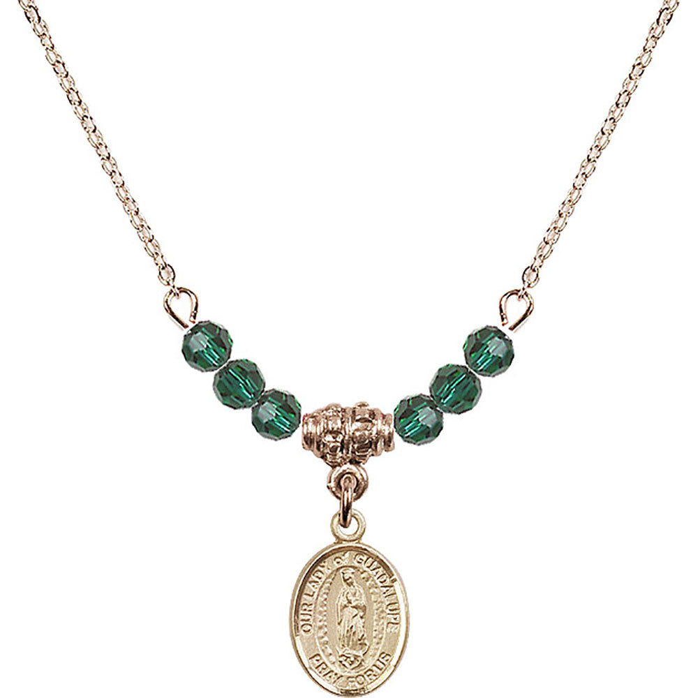 14kt Gold Filled Our Lady of Guadalupe Birthstone Necklace with Emerald Beads - 9206