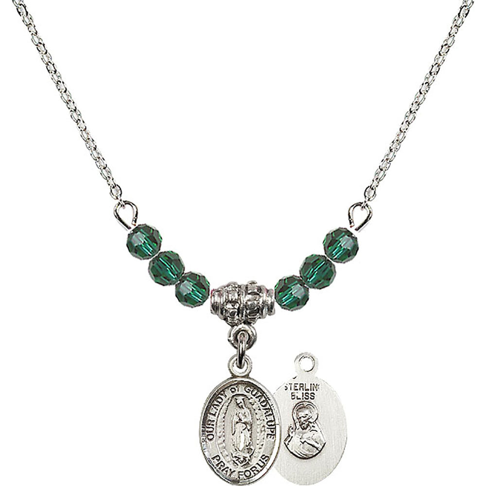 Sterling Silver Our Lady of Guadalupe Birthstone Necklace with Emerald Beads - 9206