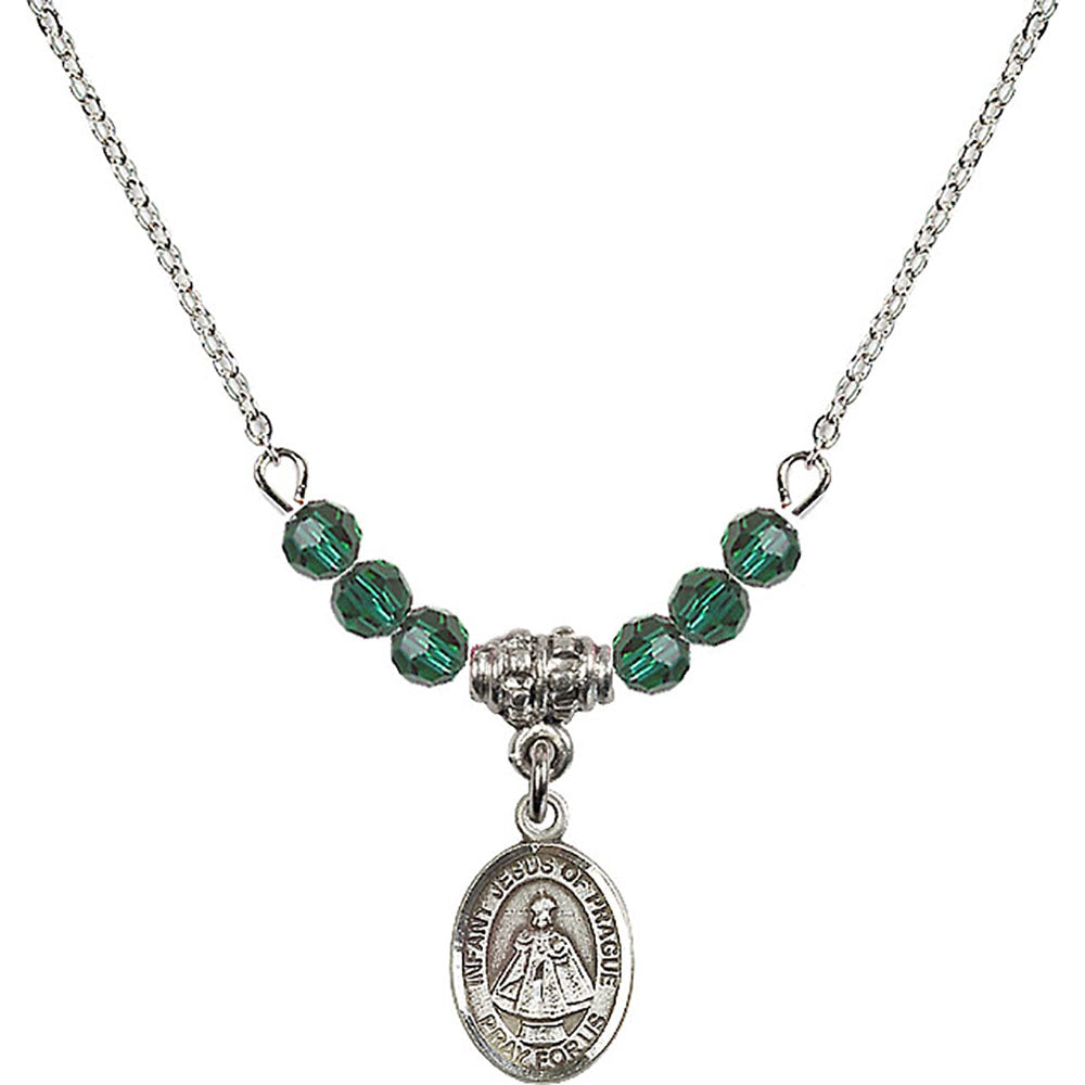 Sterling Silver Infant of Prague Birthstone Necklace with Emerald Beads - 9207