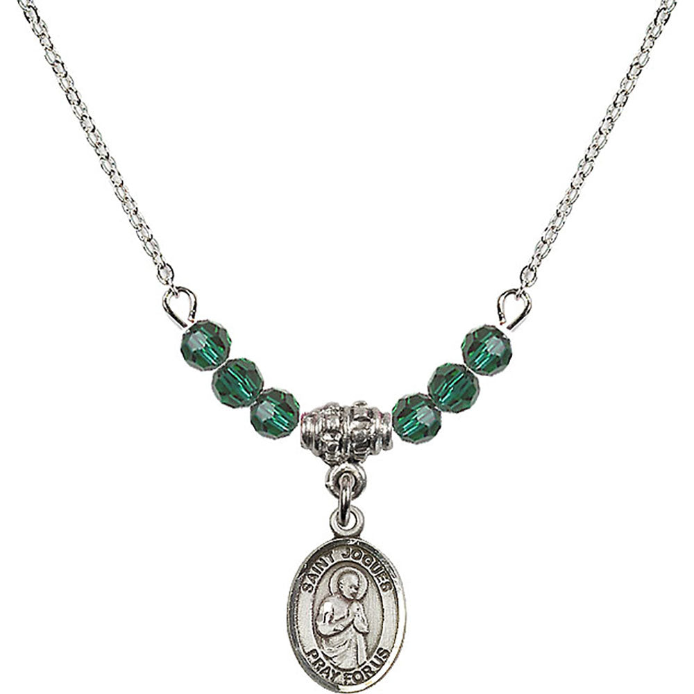 Sterling Silver Saint Isaac Jogues Birthstone Necklace with Emerald Beads - 9212