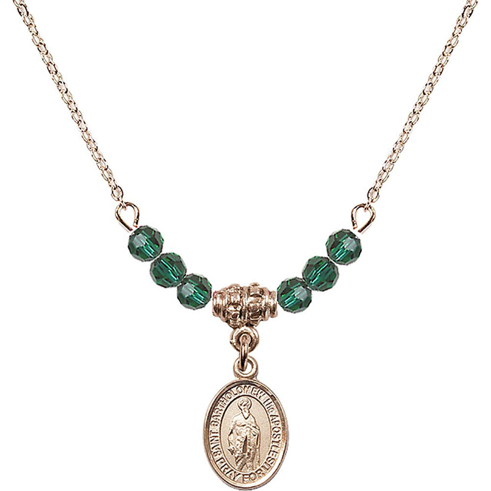 14kt Gold Filled Saint Bartholomew the Apostle Birthstone Necklace with Emerald Beads - 9238