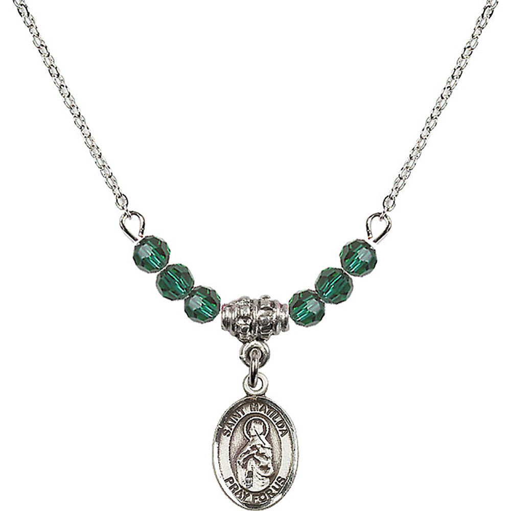 Sterling Silver Saint Matilda Birthstone Necklace with Emerald Beads - 9239