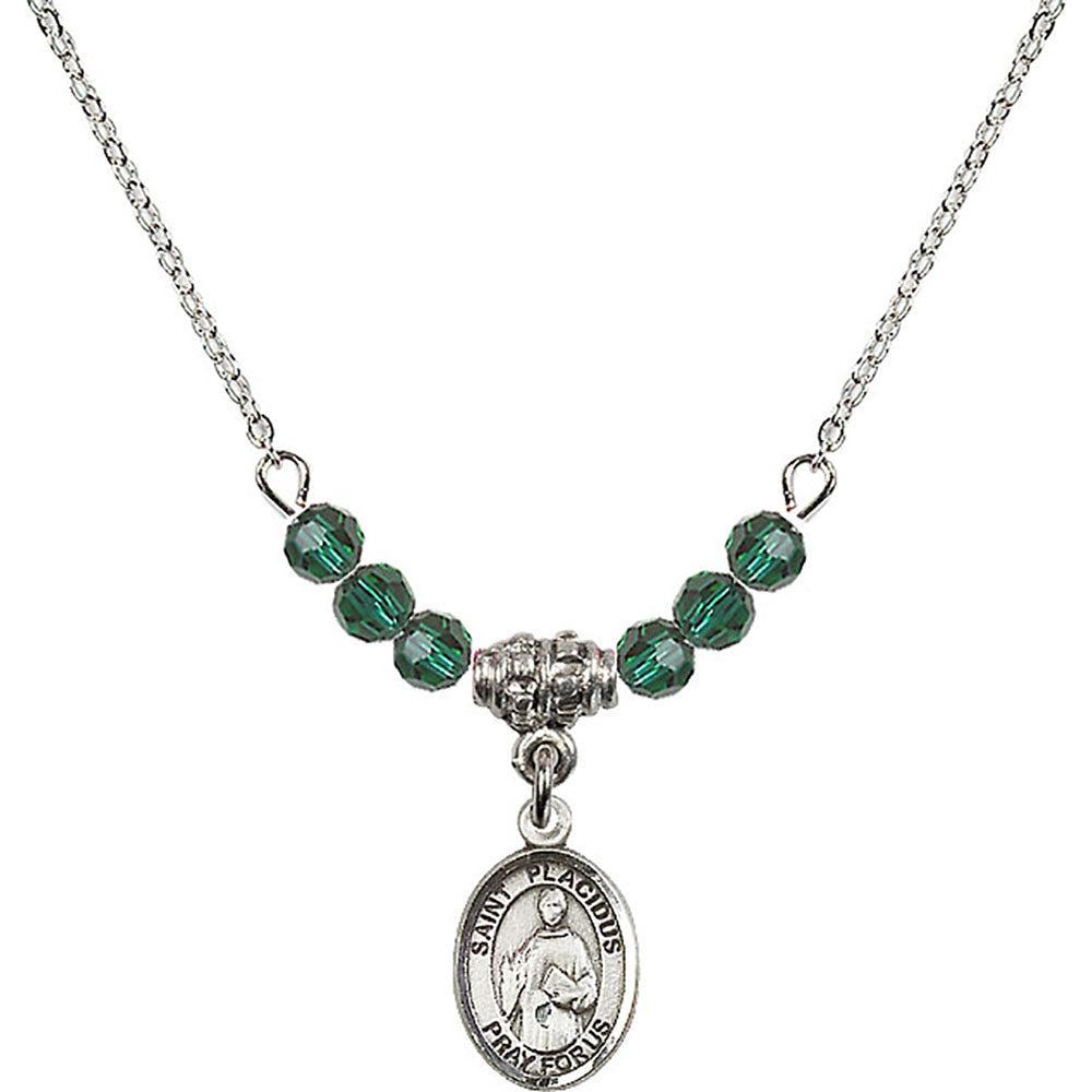 Sterling Silver Saint Placidus Birthstone Necklace with Emerald Beads - 9240