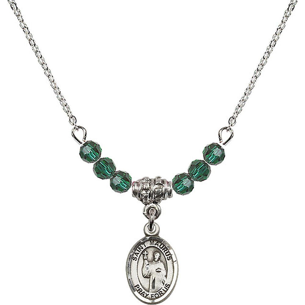 Sterling Silver Saint Maurus Birthstone Necklace with Emerald Beads - 9241