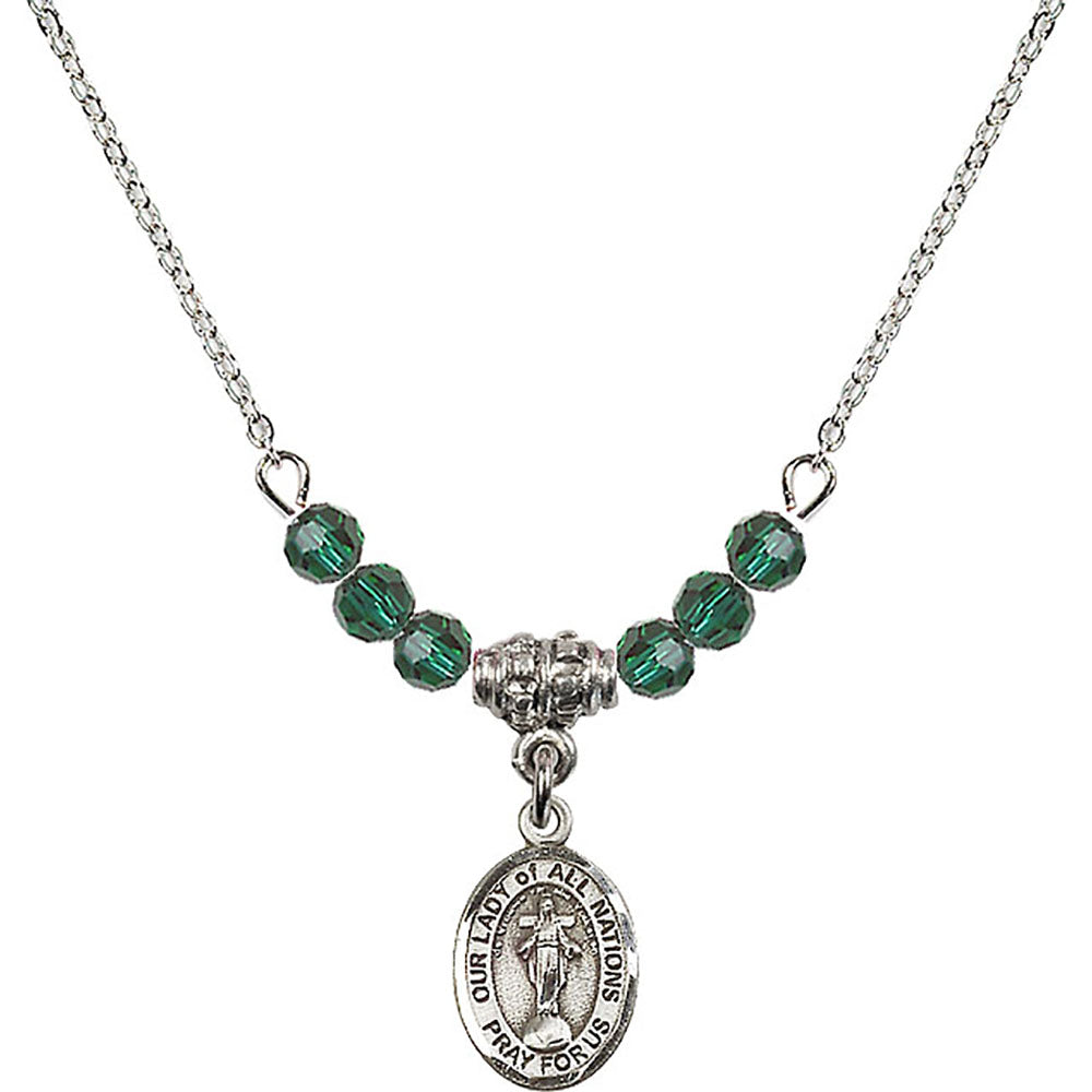 Sterling Silver Our Lady of All Nations Birthstone Necklace with Emerald Beads - 9242