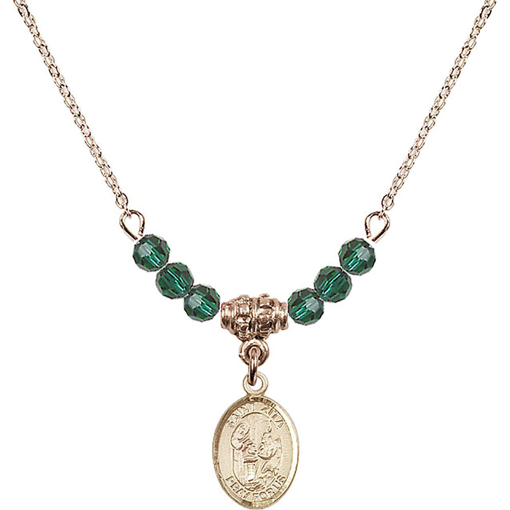 14kt Gold Filled Saint Zita Birthstone Necklace with Emerald Beads - 9244