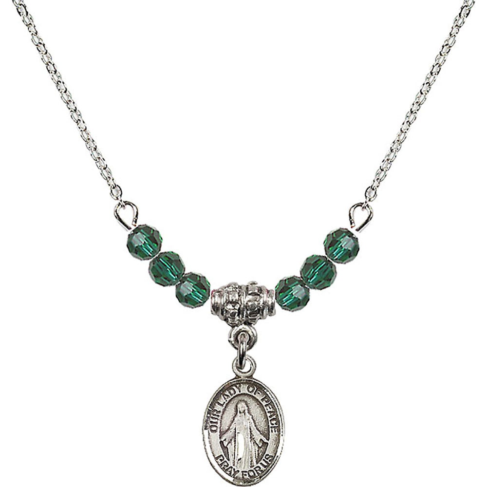 Sterling Silver Our Lady of Peace Birthstone Necklace with Emerald Beads - 9245