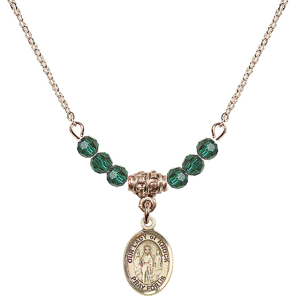 14kt Gold Filled Our Lady of Knock Birthstone Necklace with Emerald Beads - 9246