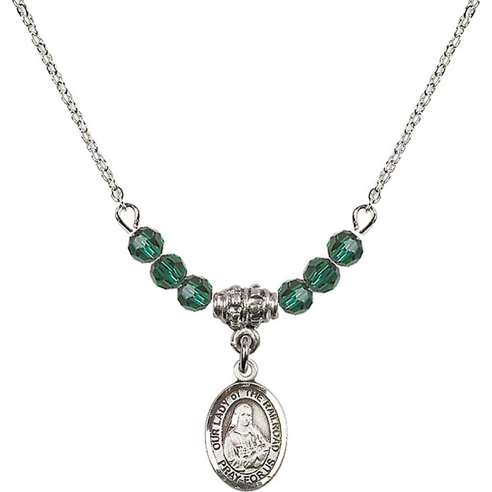 Sterling Silver Our Lady of the Railroad Birthstone Necklace with Emerald Beads - 9247