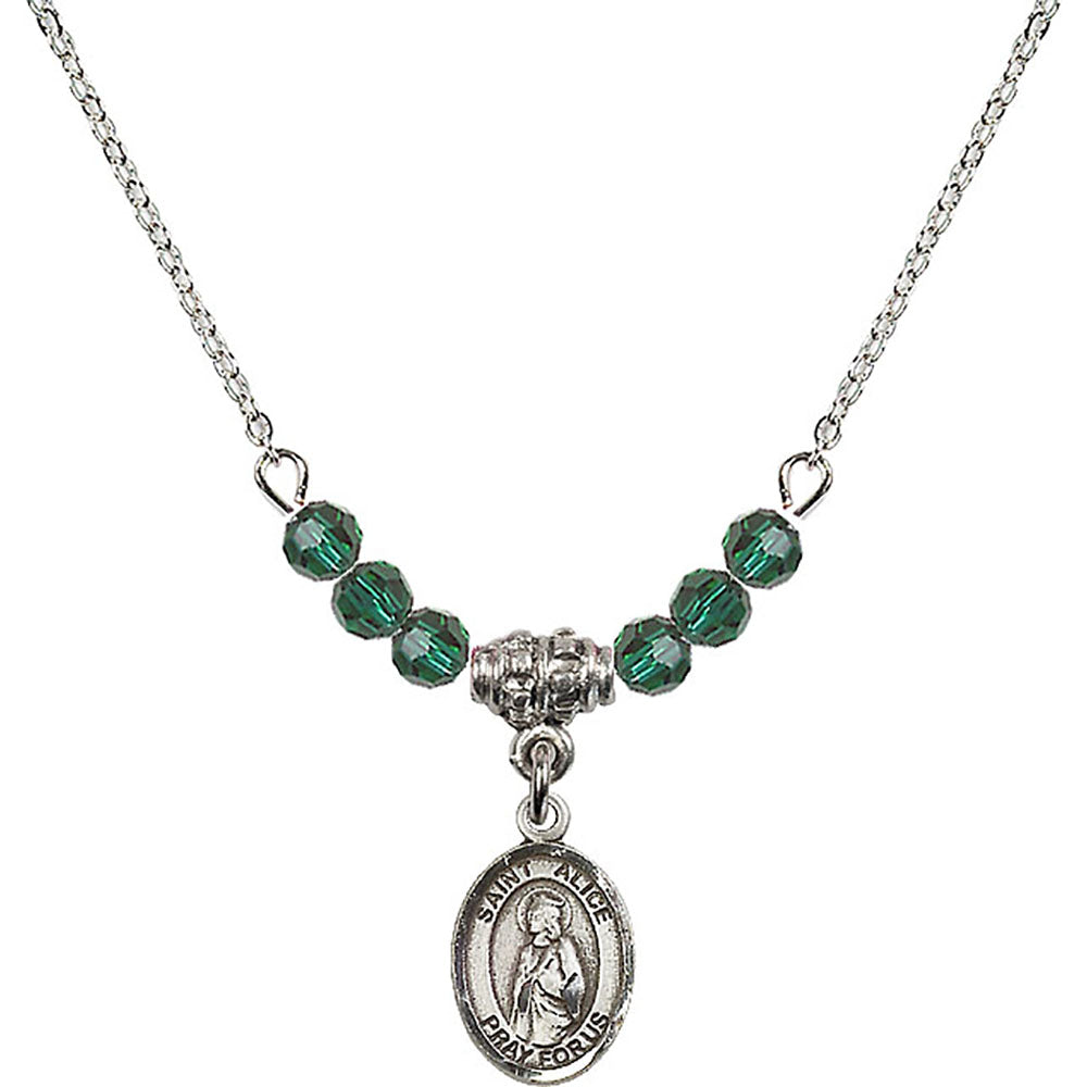 Sterling Silver Saint Alice Birthstone Necklace with Emerald Beads - 9248