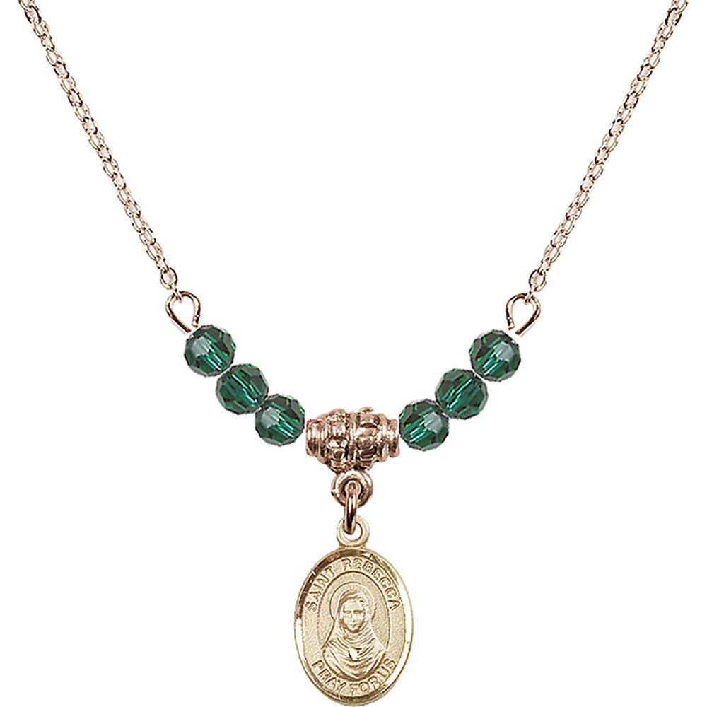 14kt Gold Filled Saint Rebecca Birthstone Necklace with Emerald Beads - 9252