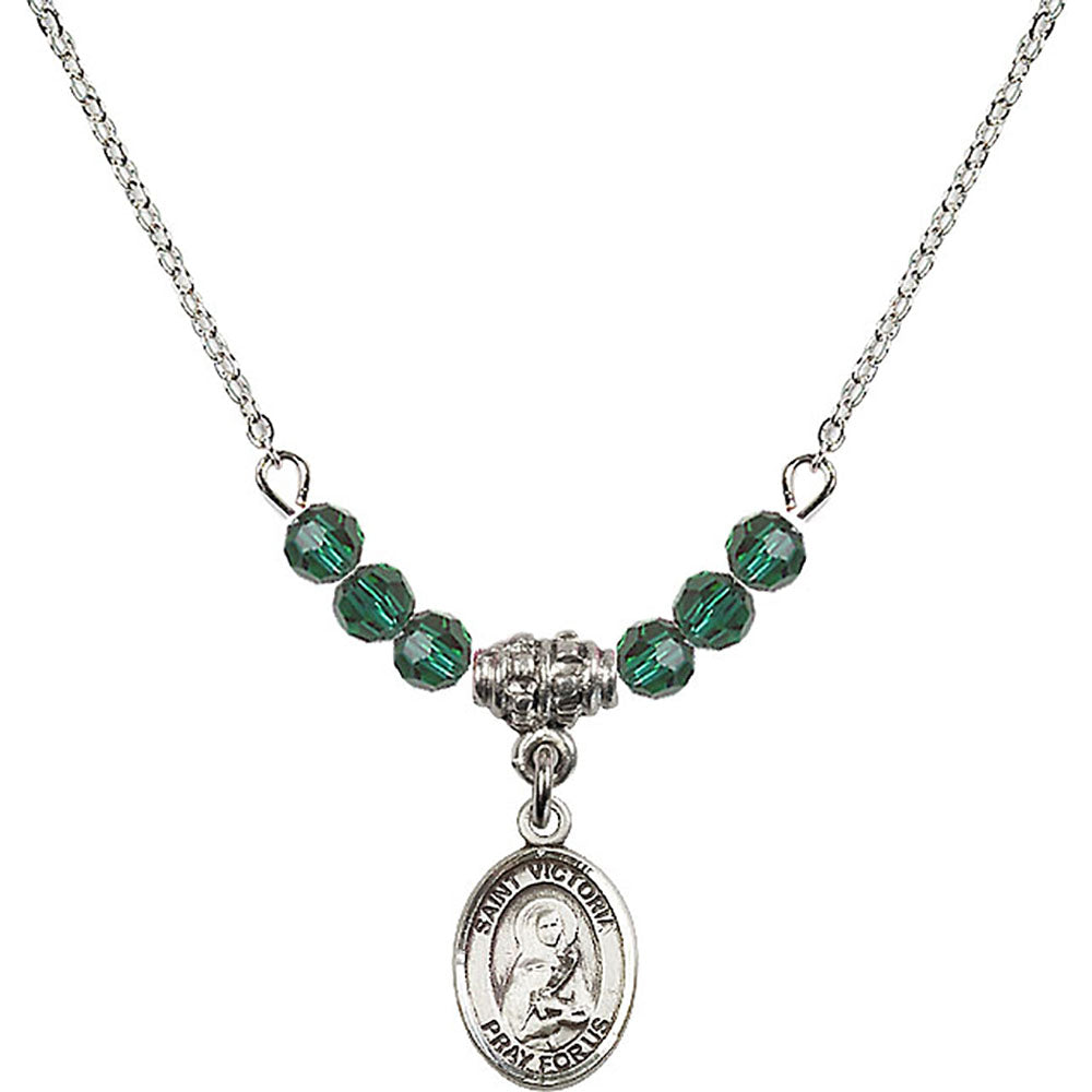 Sterling Silver Saint Victoria Birthstone Necklace with Emerald Beads - 9253