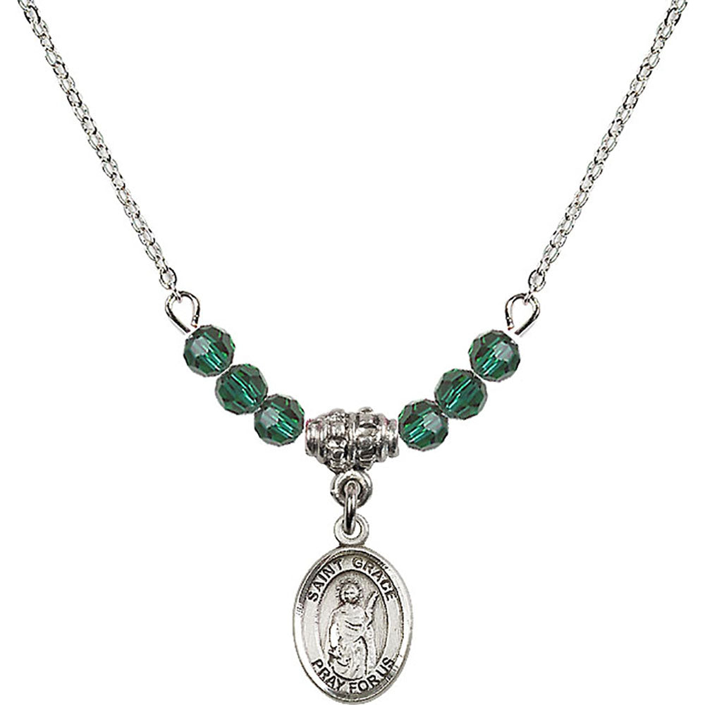 Sterling Silver Saint Grace Birthstone Necklace with Emerald Beads - 9255