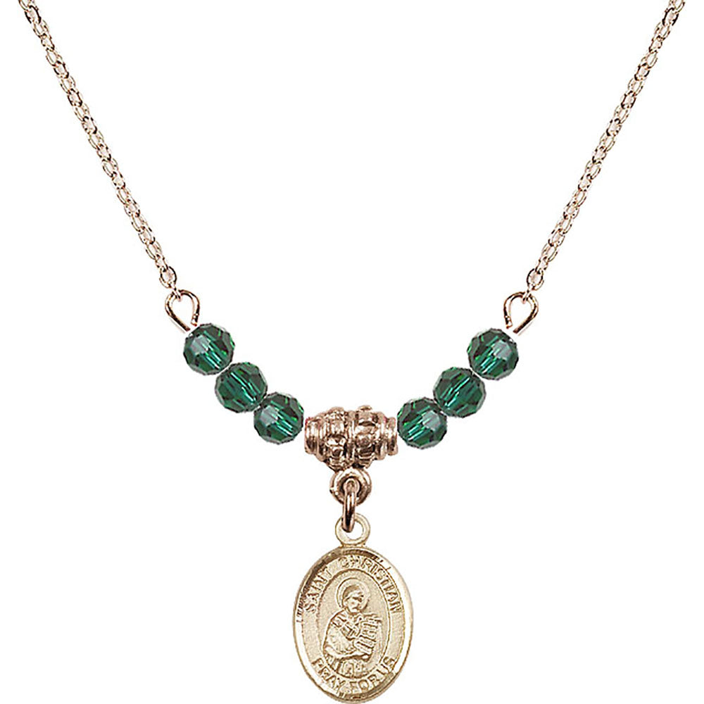 14kt Gold Filled Saint Christian Demosthenes Birthstone Necklace with Emerald Beads - 9257