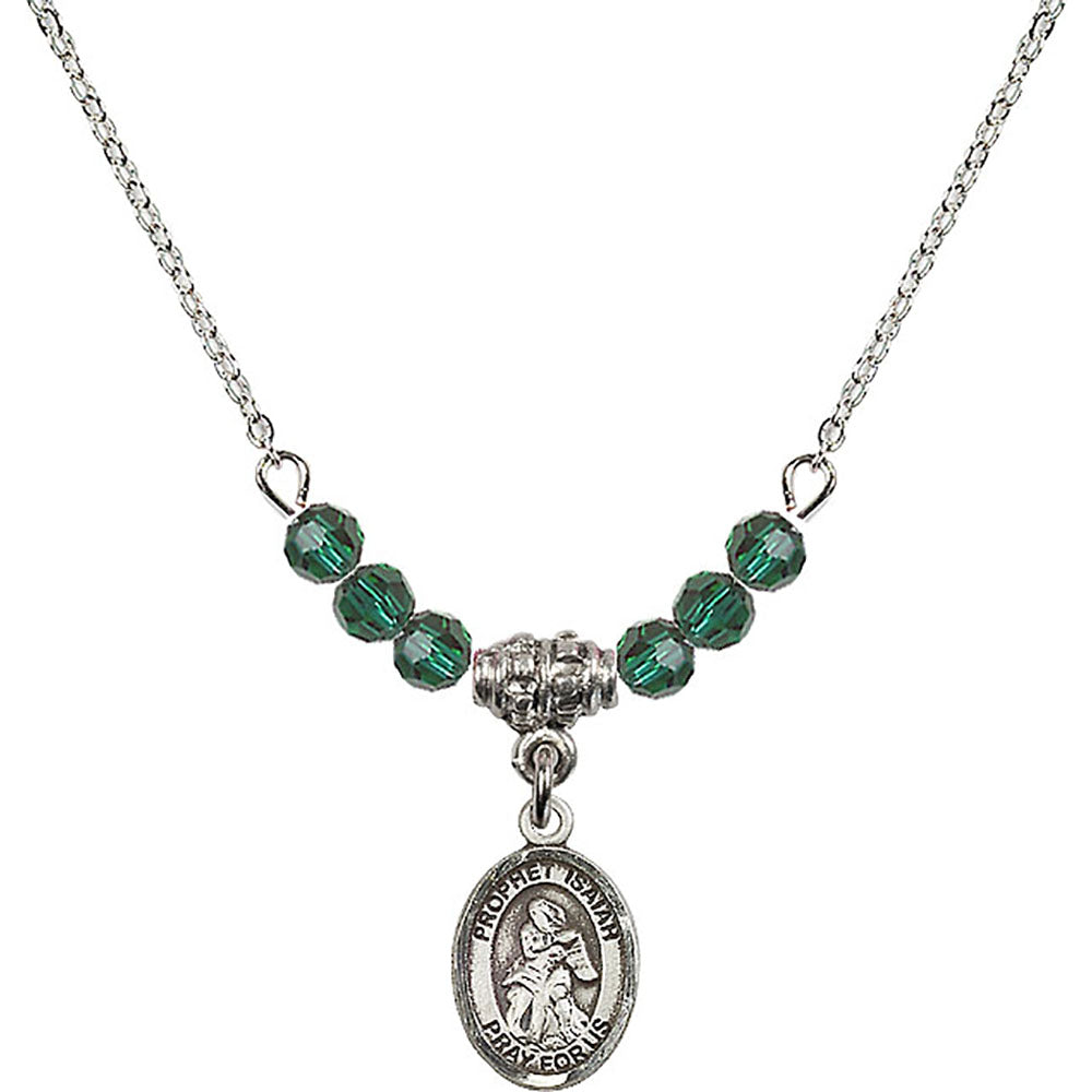Sterling Silver Saint Isaiah Birthstone Necklace with Emerald Beads - 9258