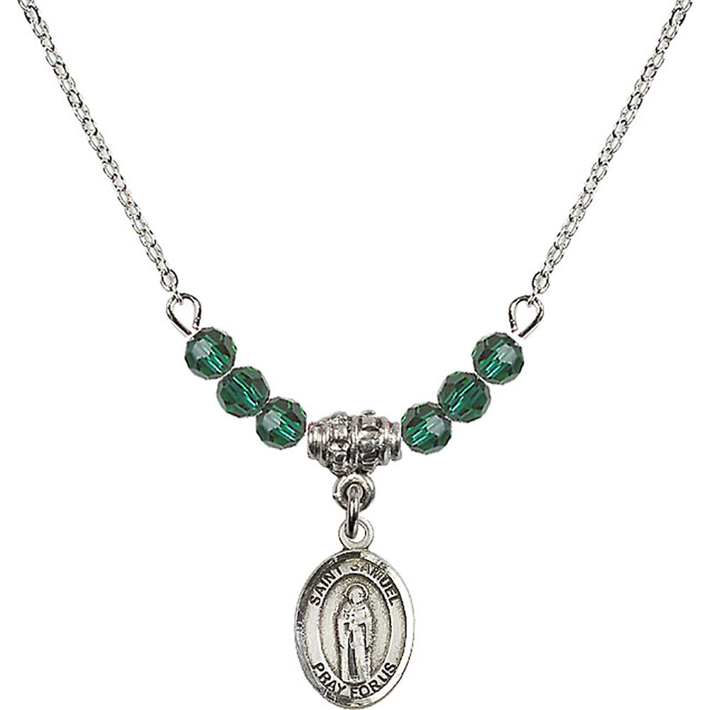 Sterling Silver Saint Samuel Birthstone Necklace with Emerald Beads - 9259