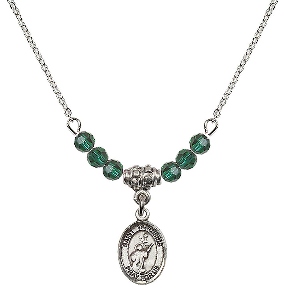 Sterling Silver Saint Tarcisius Birthstone Necklace with Emerald Beads - 9261