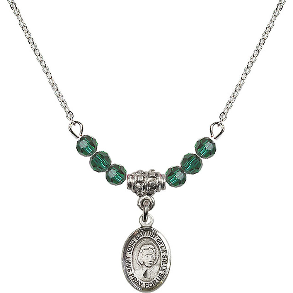 Sterling Silver Saint John Baptist de la Salle Birthstone Necklace with Emerald Beads - 9262