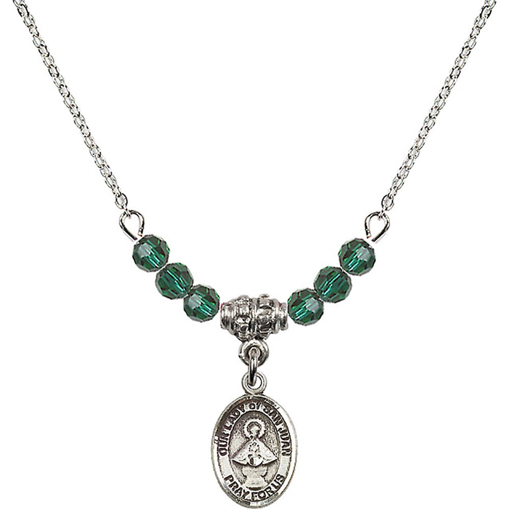 Sterling Silver Our Lady of San Juan Birthstone Necklace with Emerald Beads - 9263