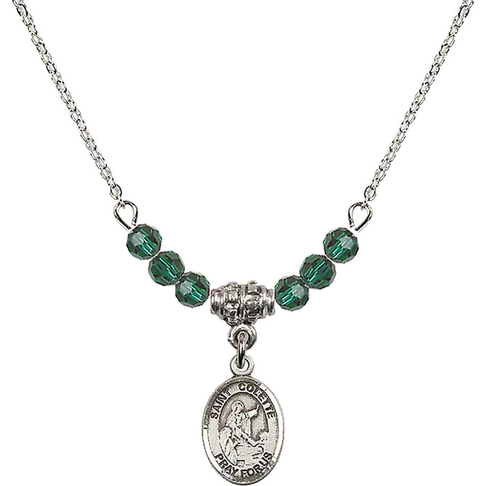 Sterling Silver Saint Colette Birthstone Necklace with Emerald Beads - 9268