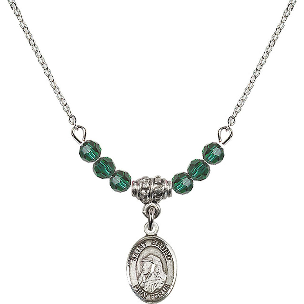 Sterling Silver Saint Bruno Birthstone Necklace with Emerald Beads - 9270