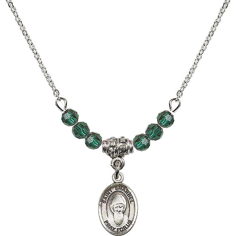 Sterling Silver Saint Sharbel Birthstone Necklace with Emerald Beads - 9271