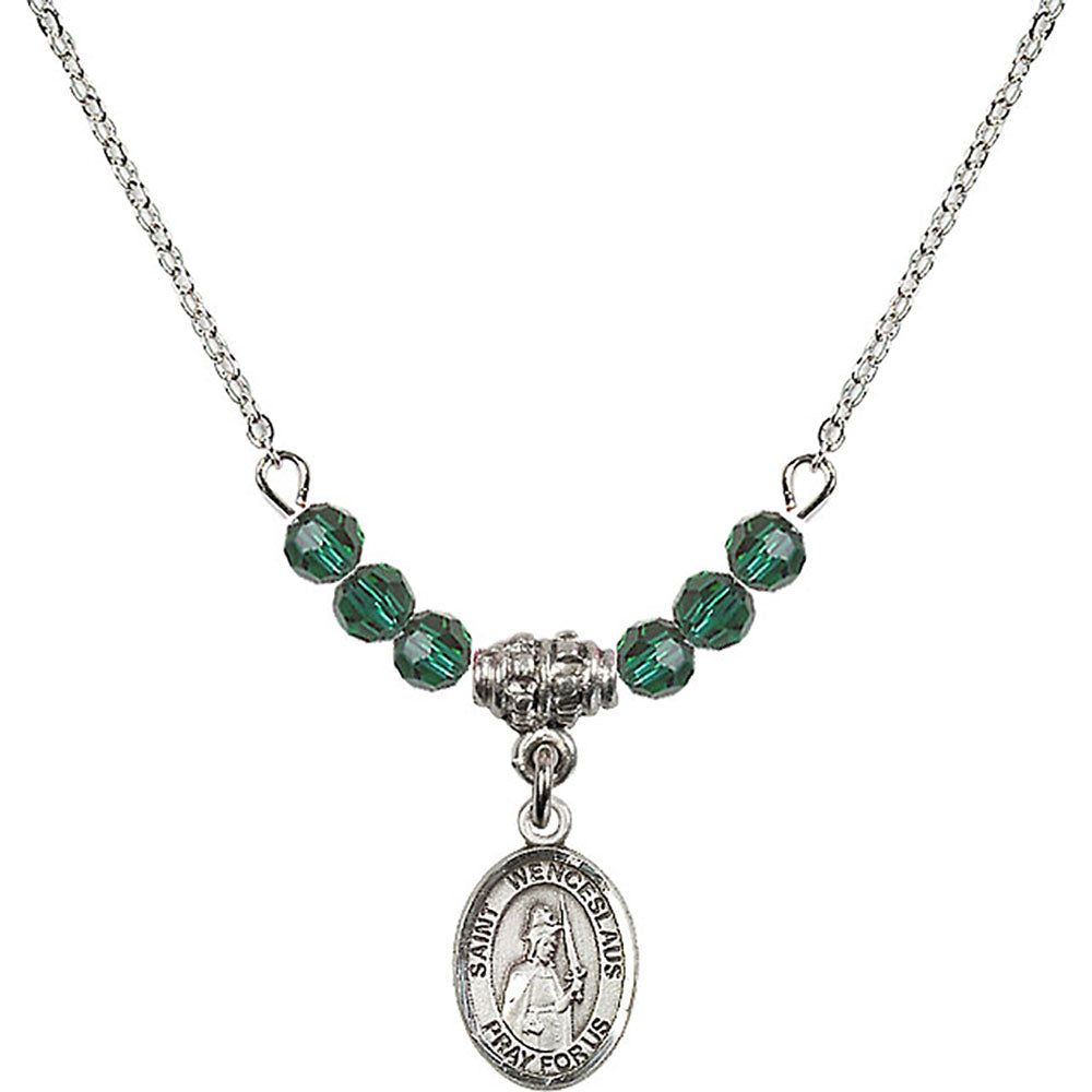 Sterling Silver Saint Wenceslaus Birthstone Necklace with Emerald Beads - 9273