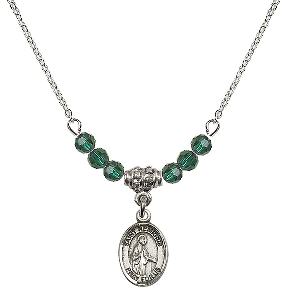 Sterling Silver Saint Remigius of Reims Birthstone Necklace with Emerald Beads - 9274
