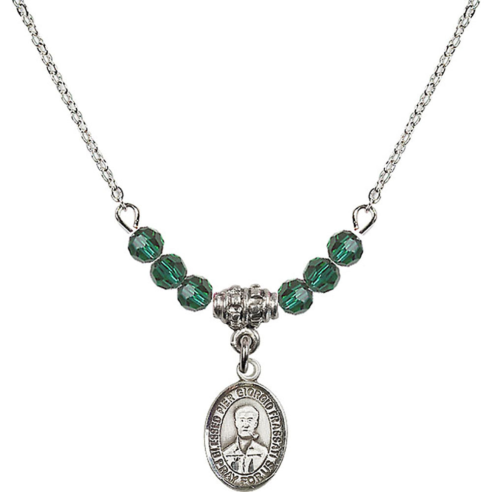 Sterling Silver Blessed Pier Giorgio Frassati Birthstone Necklace with Emerald Beads - 9278