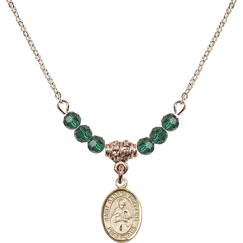 14kt Gold Filled Saint Gabriel Possenti Birthstone Necklace with Emerald Beads - 9279
