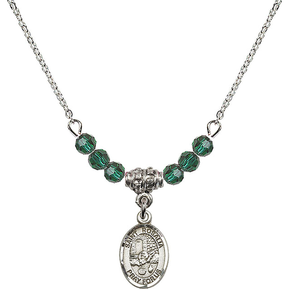 Sterling Silver Saint Rosalia Birthstone Necklace with Emerald Beads - 9309