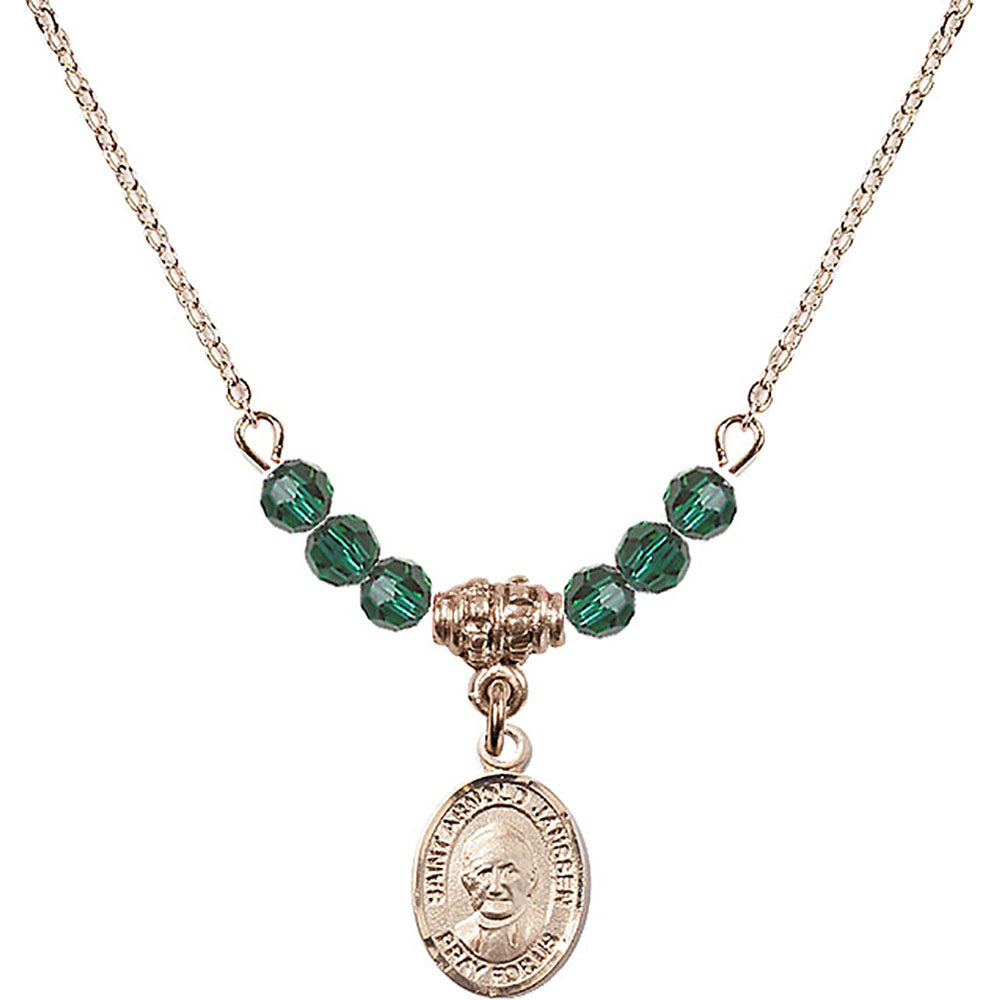 14kt Gold Filled Saint Arnold Janssen Birthstone Necklace with Emerald Beads - 9328