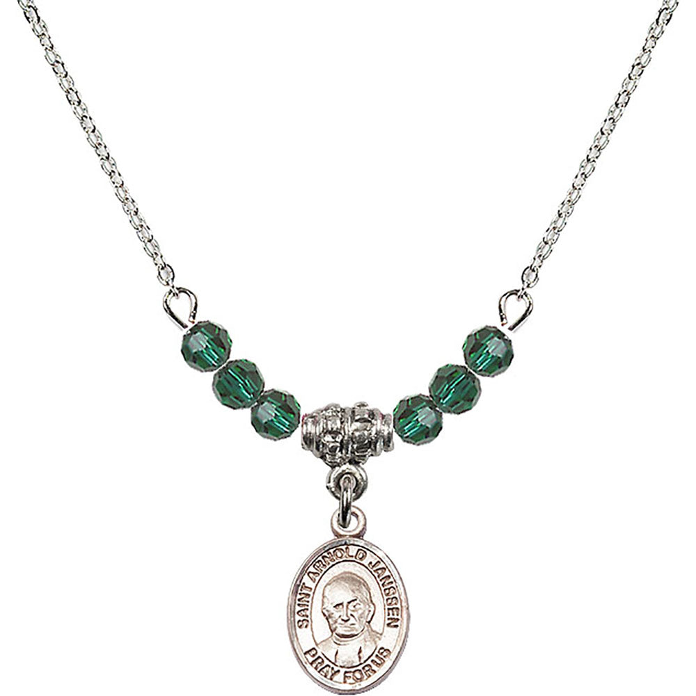 Sterling Silver Saint Arnold Janssen Birthstone Necklace with Emerald Beads - 9328